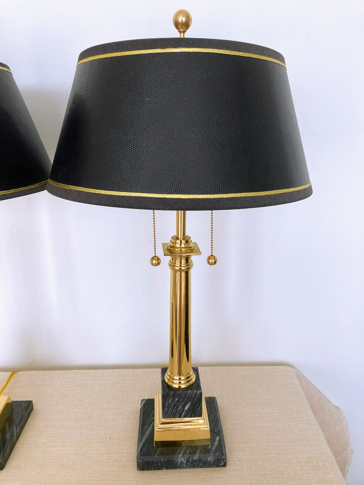Neoclassical Brass & Black Marble Table Lamps with Original Shades