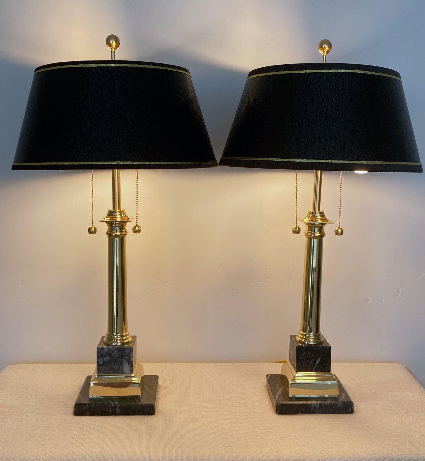 Neoclassical Brass & Black Marble Table Lamps with Original Shades