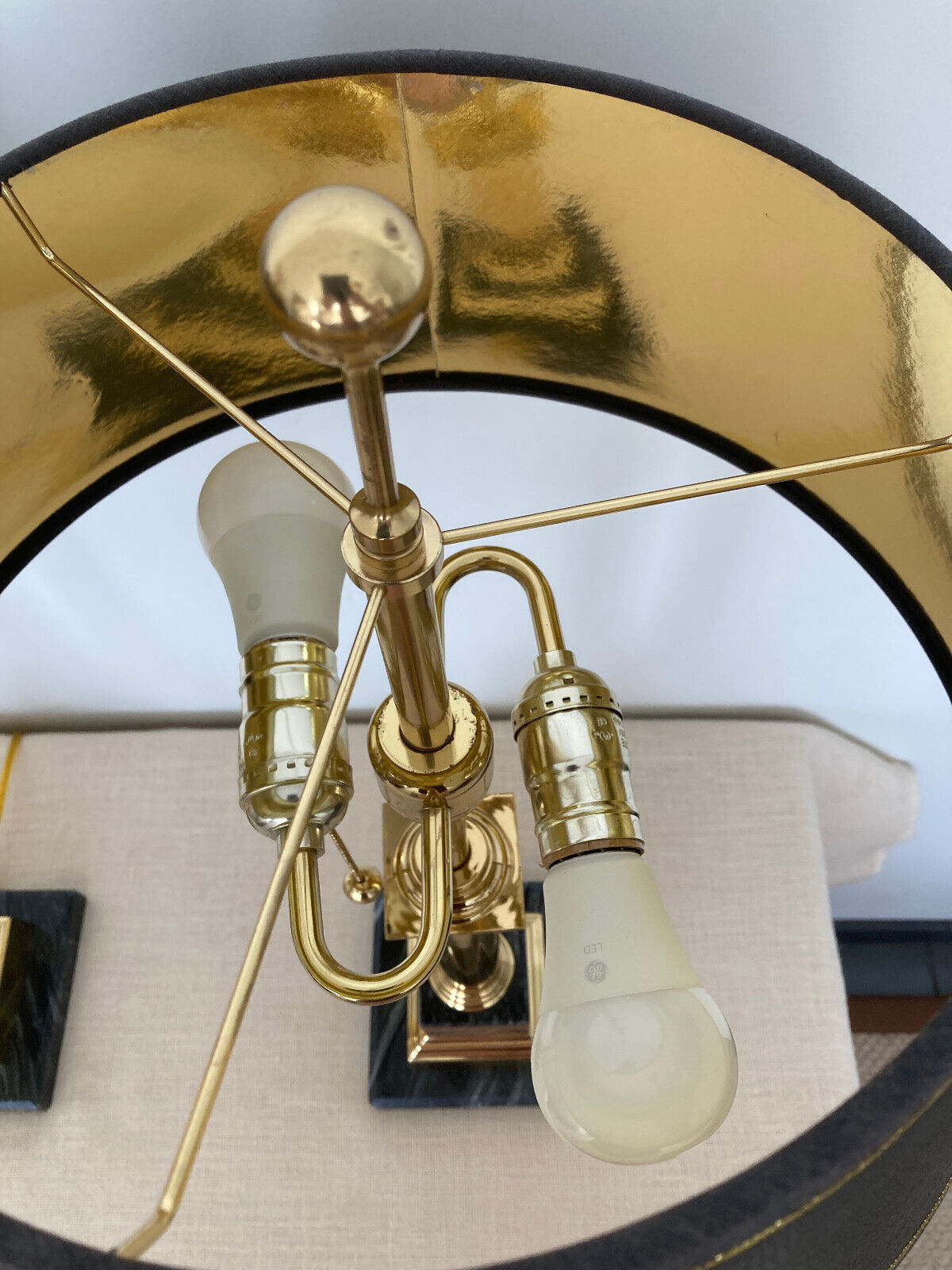 Neoclassical Brass & Black Marble Table Lamps with Original Shades
