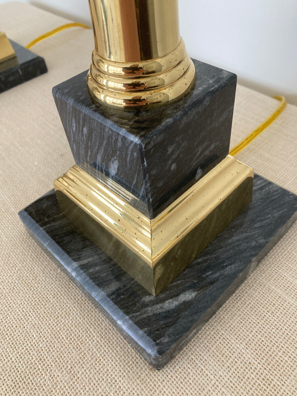 Neoclassical Brass & Black Marble Table Lamps with Original Shades