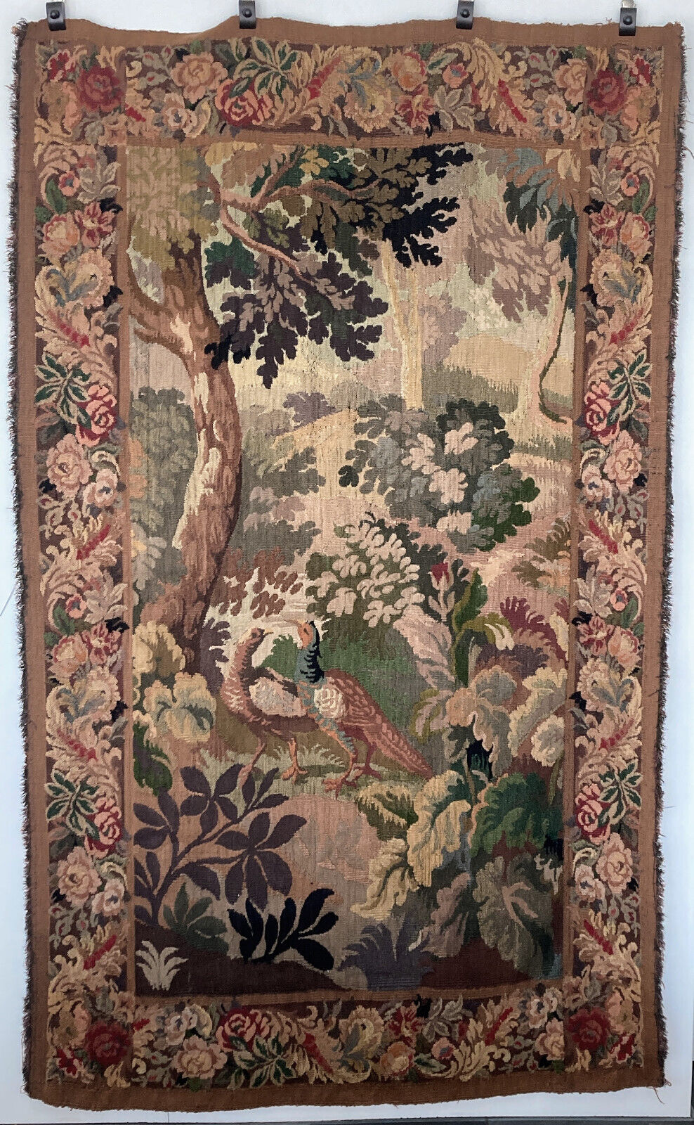 French Verdure Wool Aubusson Tapestry with Pheasants in Forest Scene