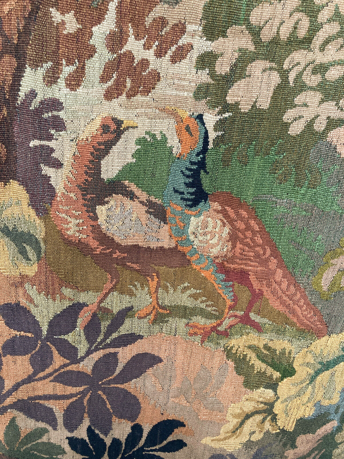 French Verdure Wool Aubusson Tapestry with Pheasants in Forest Scene