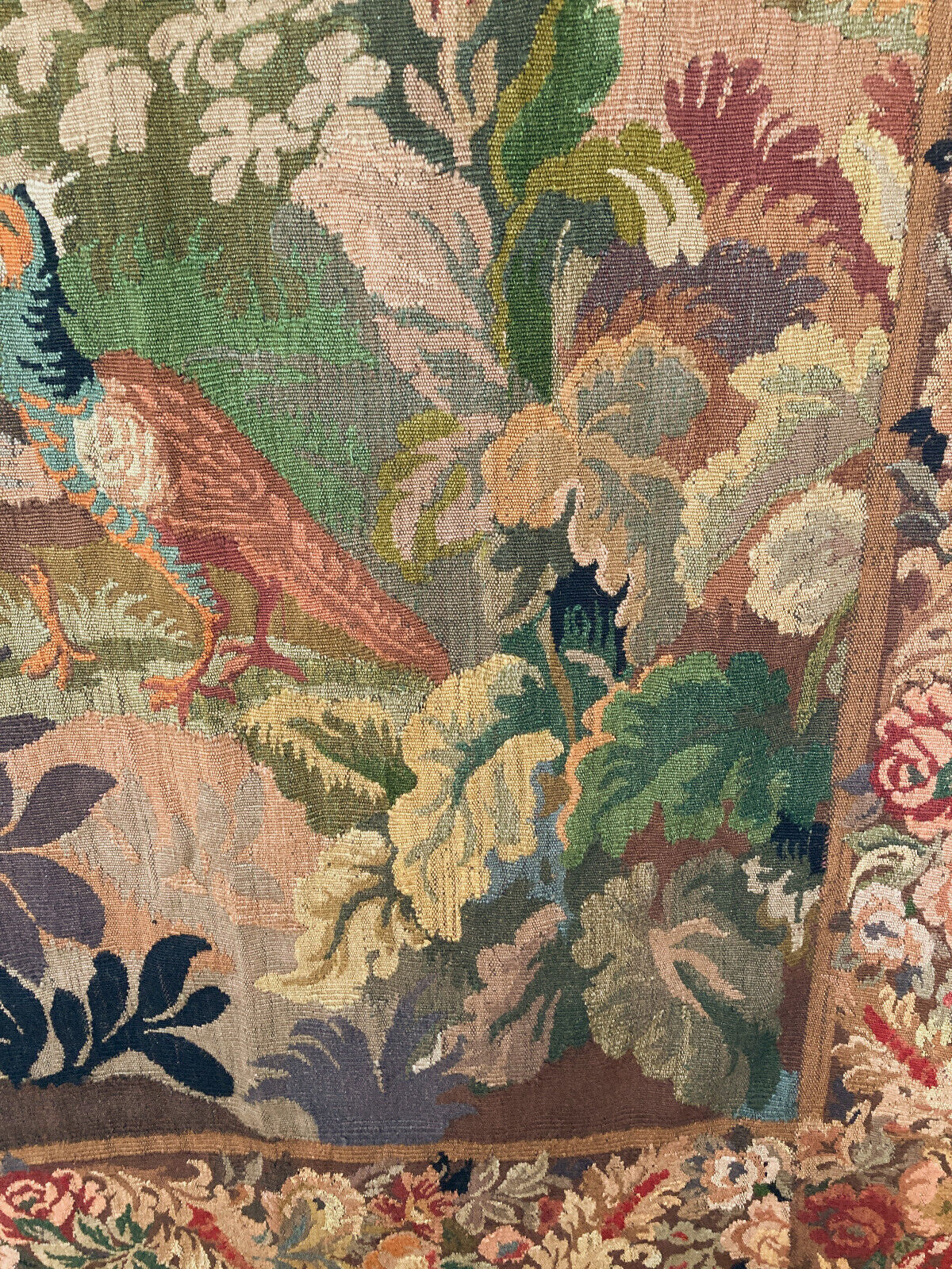 French Verdure Wool Aubusson Tapestry with Pheasants in Forest Scene