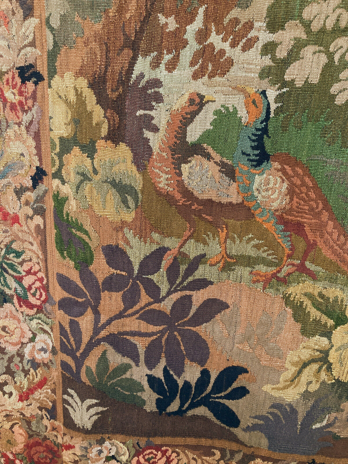 French Verdure Wool Aubusson Tapestry with Pheasants in Forest Scene