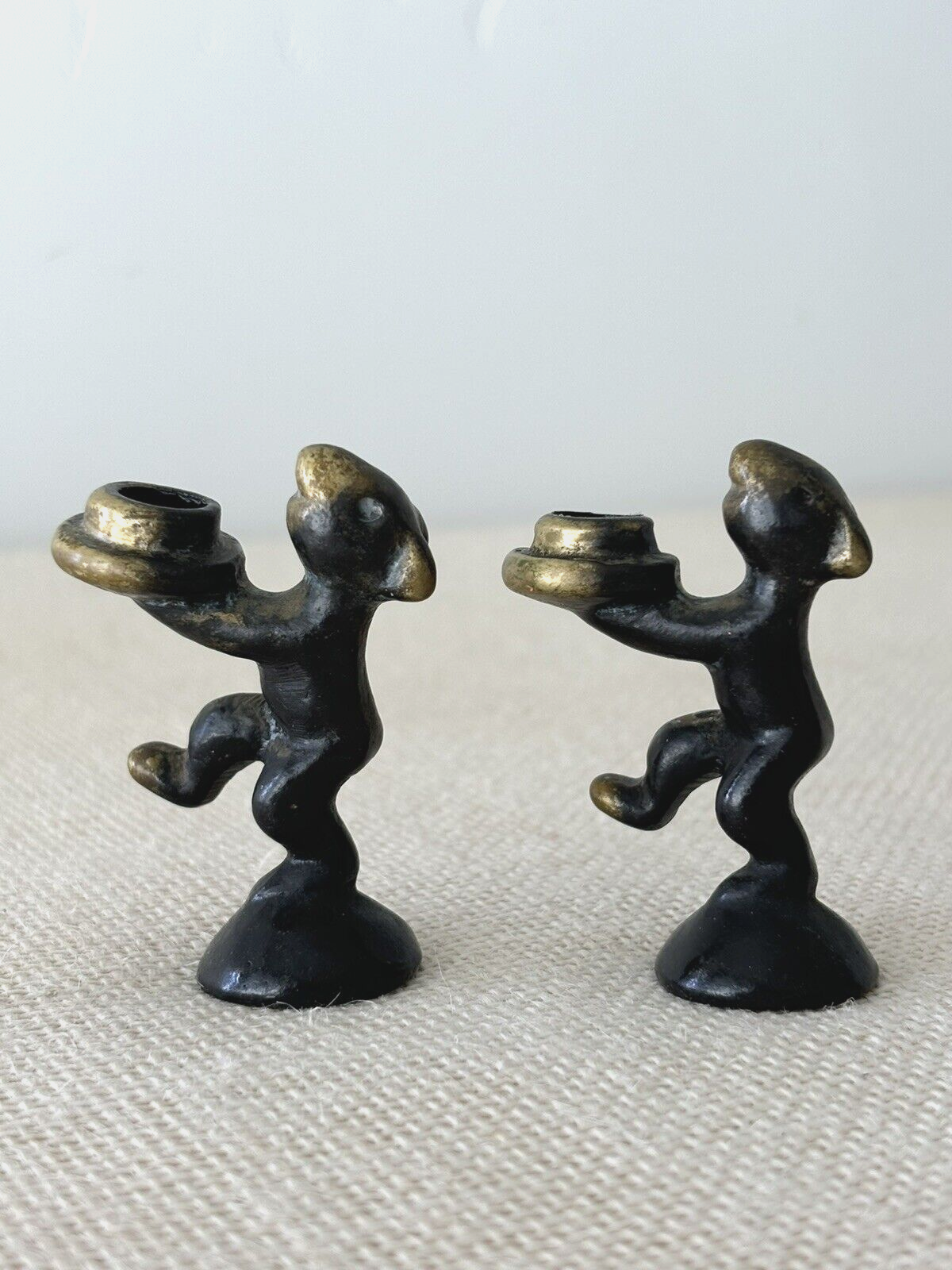 Pair of patinated brass MOUSE Candleholders by Walter Bosse & Hertha Baller