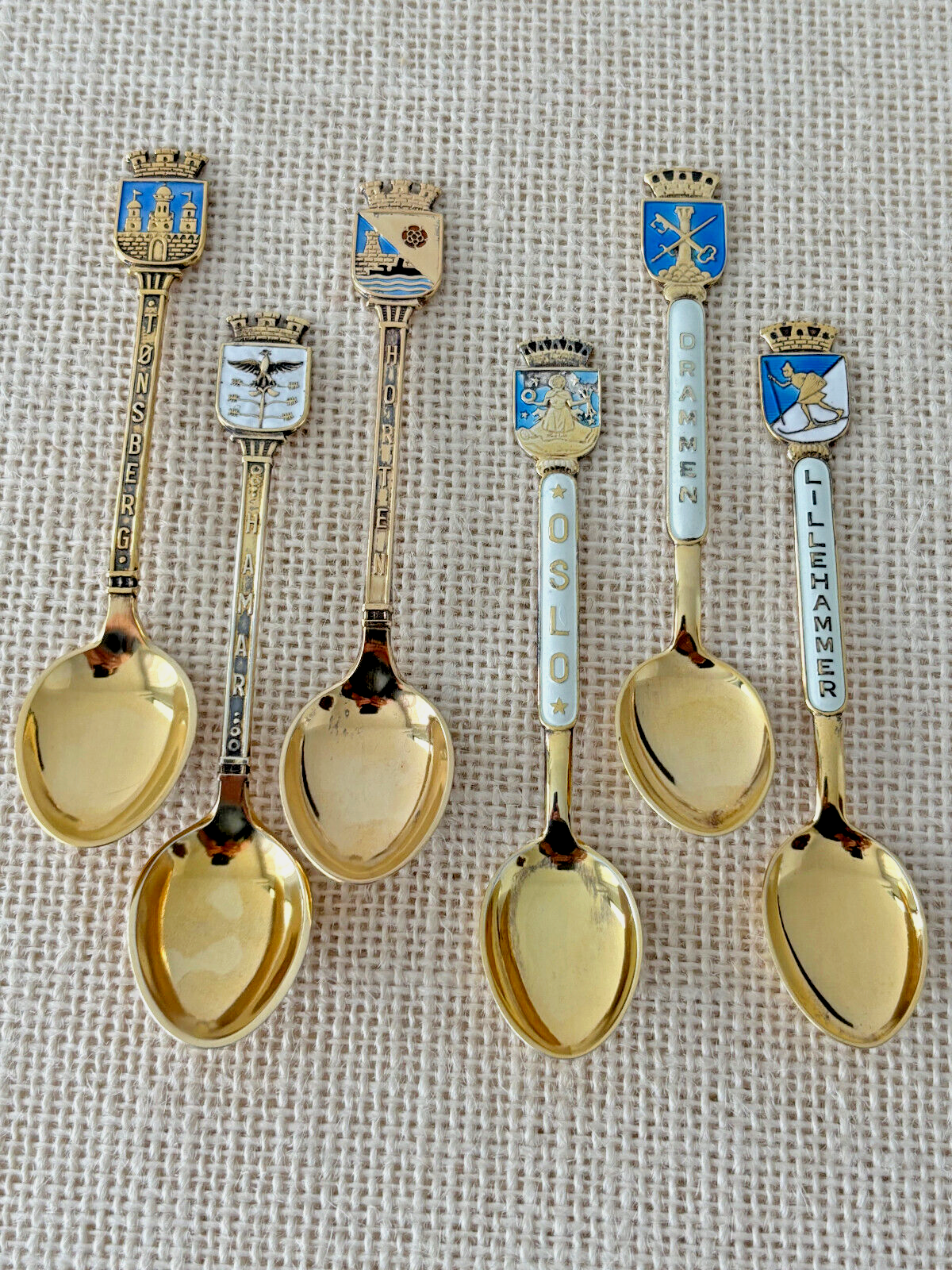 Gilt sterling enamel Norway Cities souvenir Demitasse Spoons