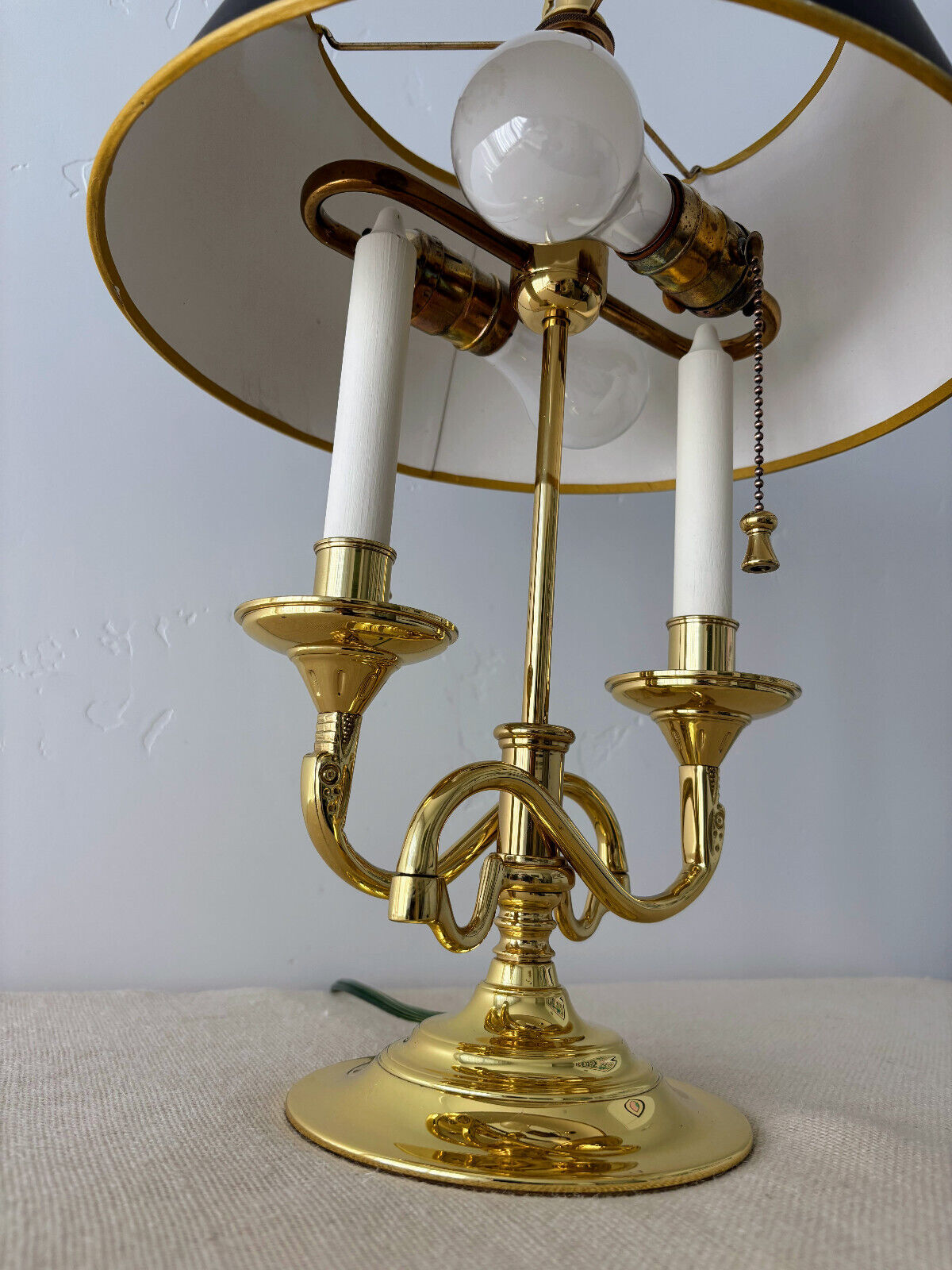 Baldwin Brass Serpentine Bouillotte Adjustable Two Arm Candlestick Lamp w/ Shade