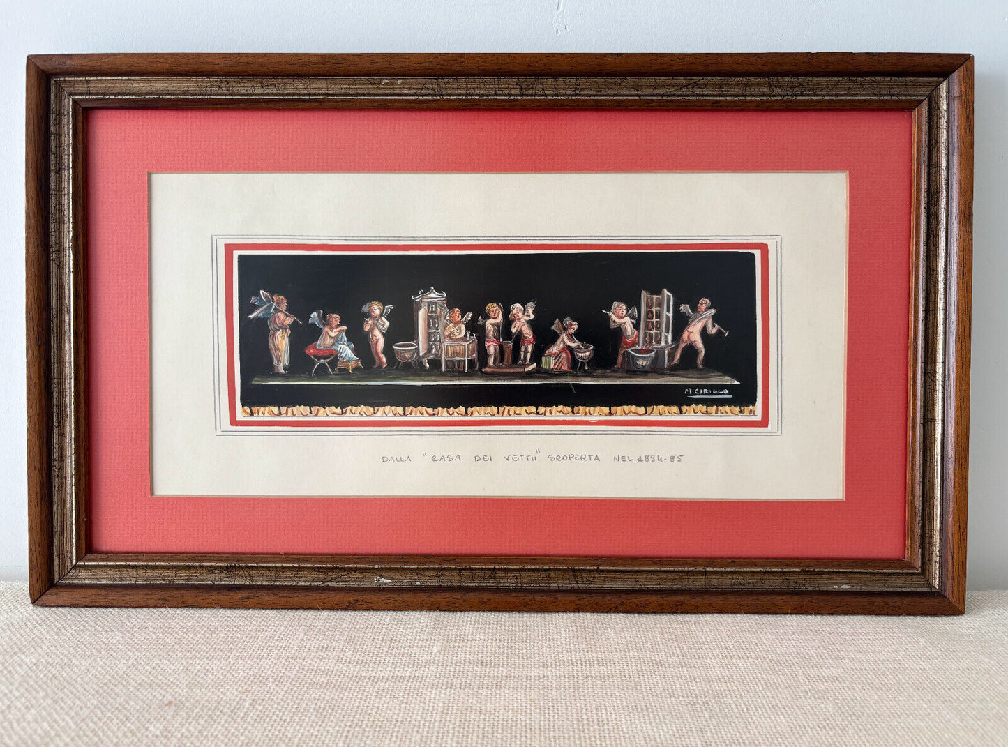Mid Century Watercolor POMPEII fresco by M Cirillo Framed