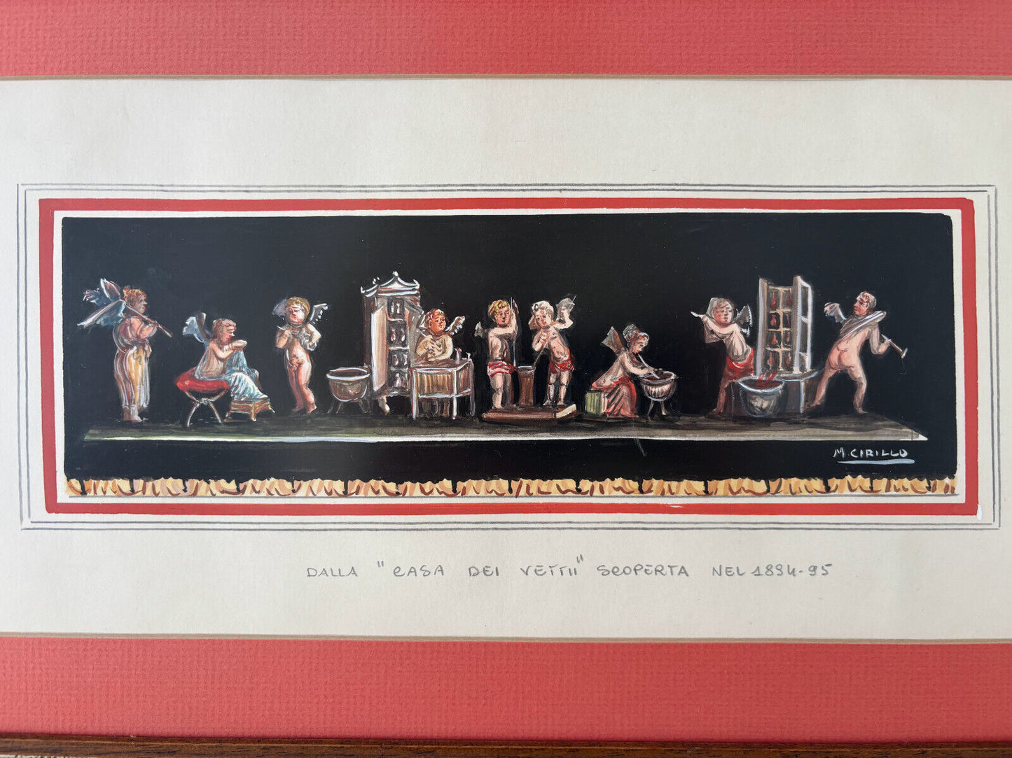 Mid Century Watercolor POMPEII fresco by M Cirillo Framed