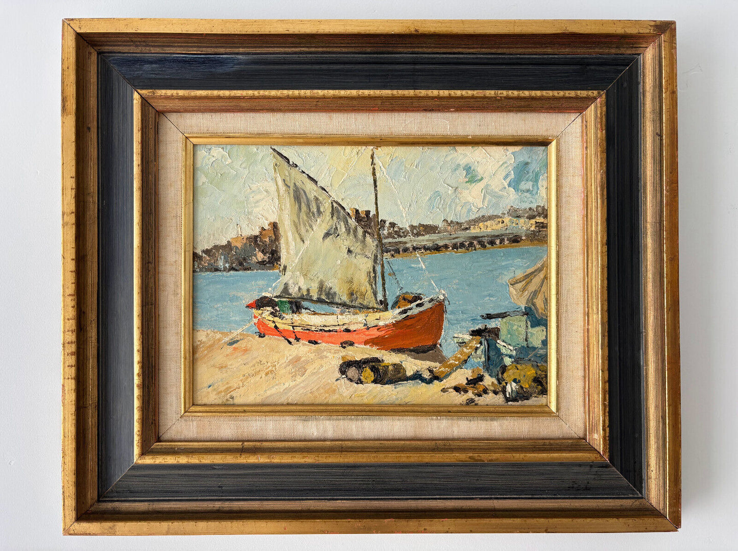 Mid century oil painting "GREEK FISHING BOAT RHODES" Dorothy W. Taylor