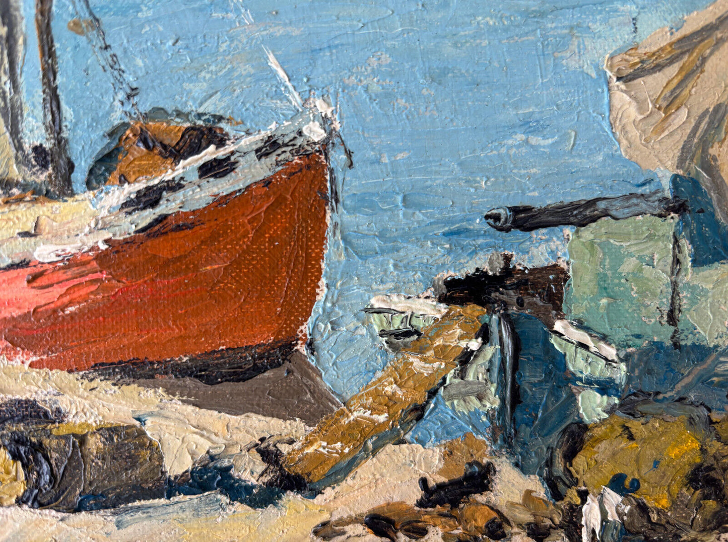 Mid century oil painting "GREEK FISHING BOAT RHODES" Dorothy W. Taylor