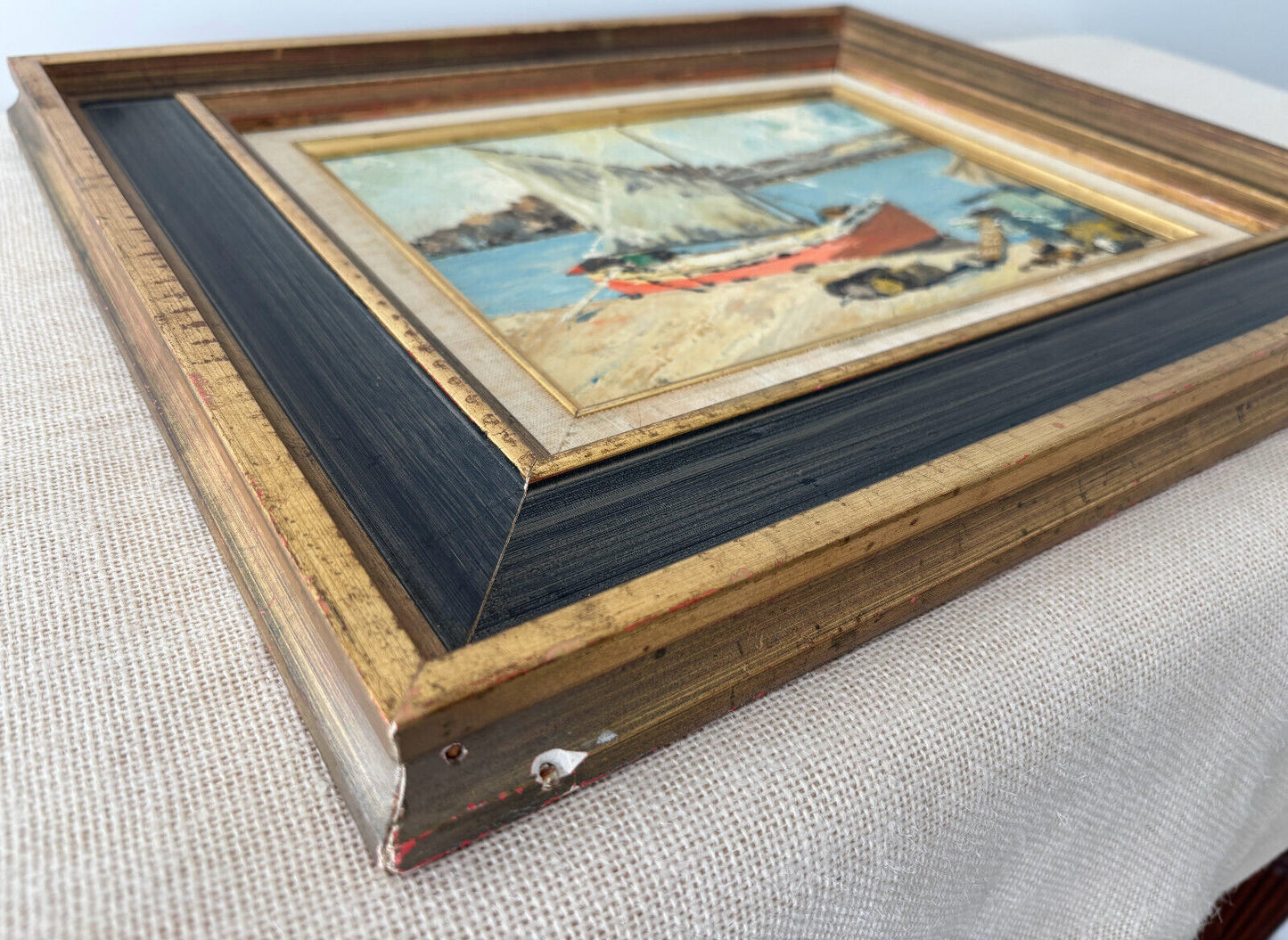 Mid century oil painting "GREEK FISHING BOAT RHODES" Dorothy W. Taylor