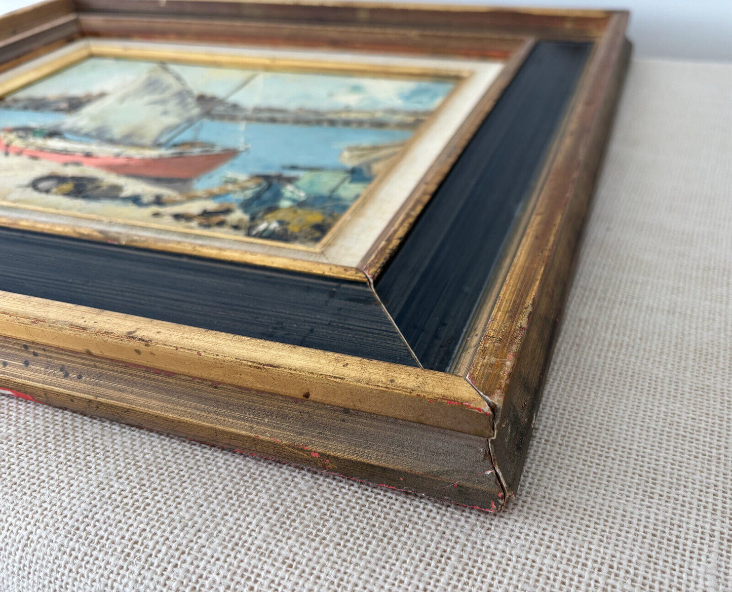 Mid century oil painting "GREEK FISHING BOAT RHODES" Dorothy W. Taylor