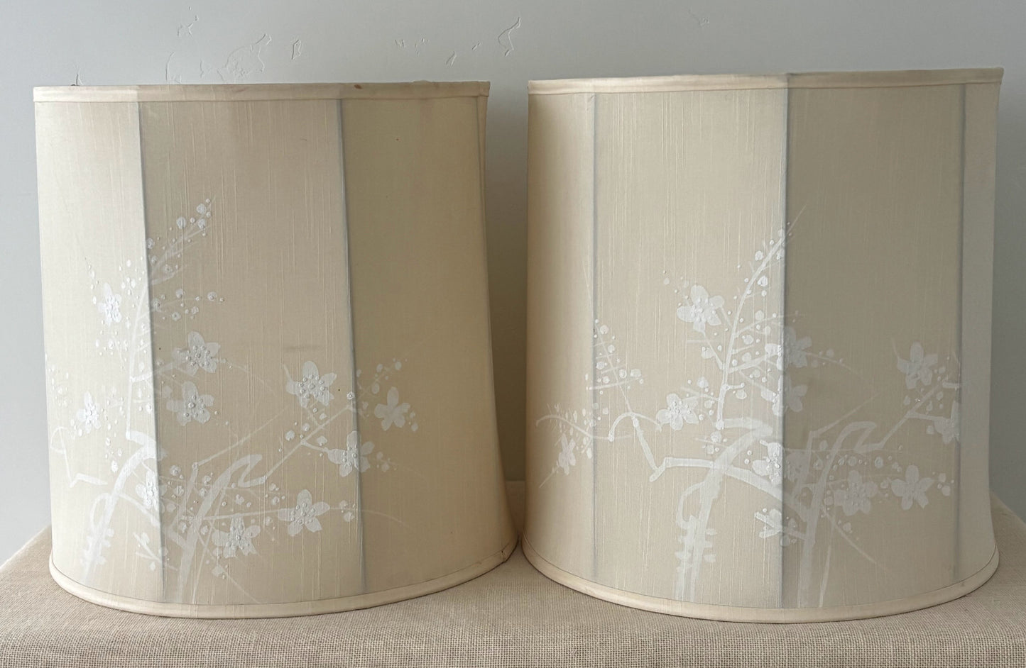 Pair of 1950’s Japanese Silk Drum Painted Lamp Shades