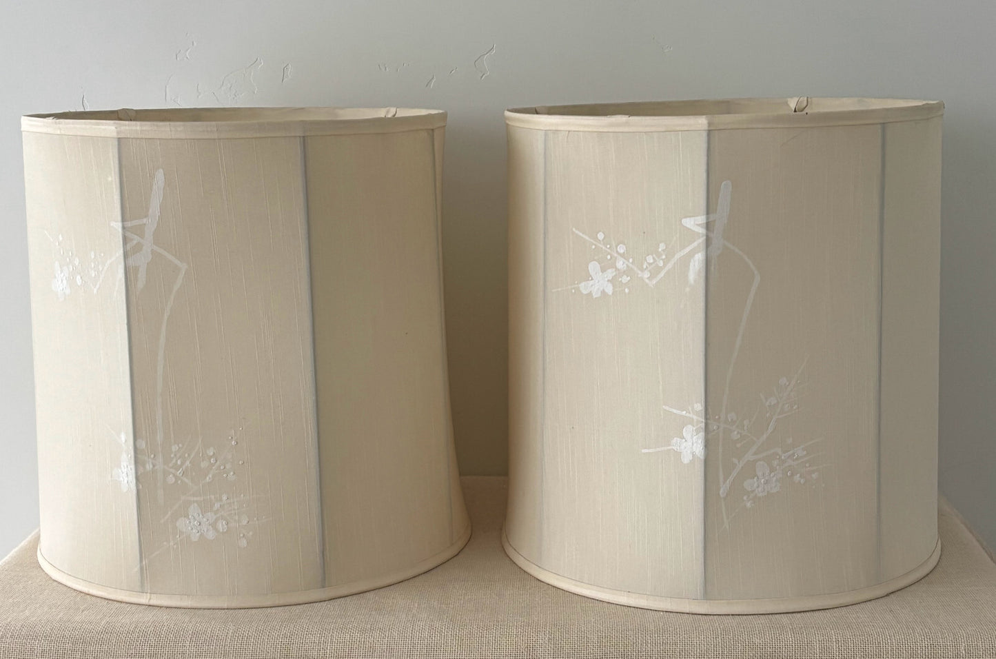 Pair of 1950’s Japanese Silk Drum Painted Lamp Shades