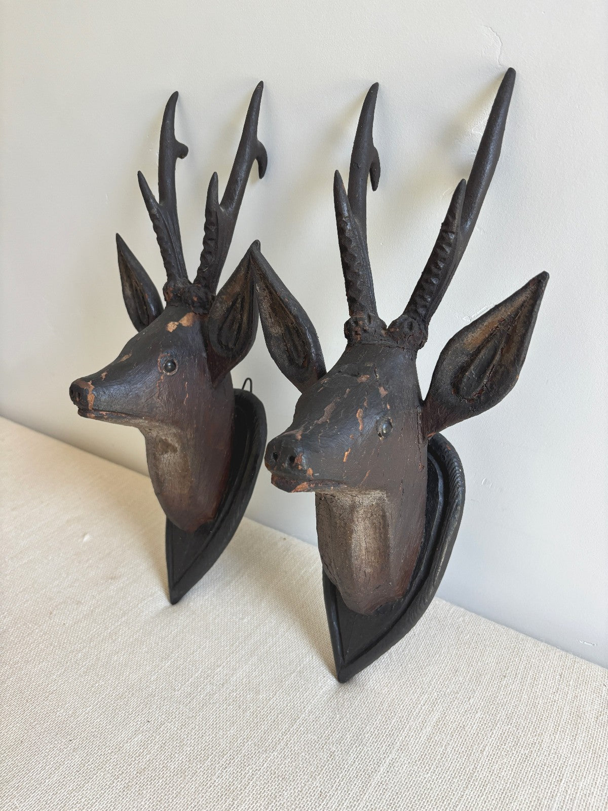 Antique Hand Carved Wood Mounted Roe Deer Head Pair