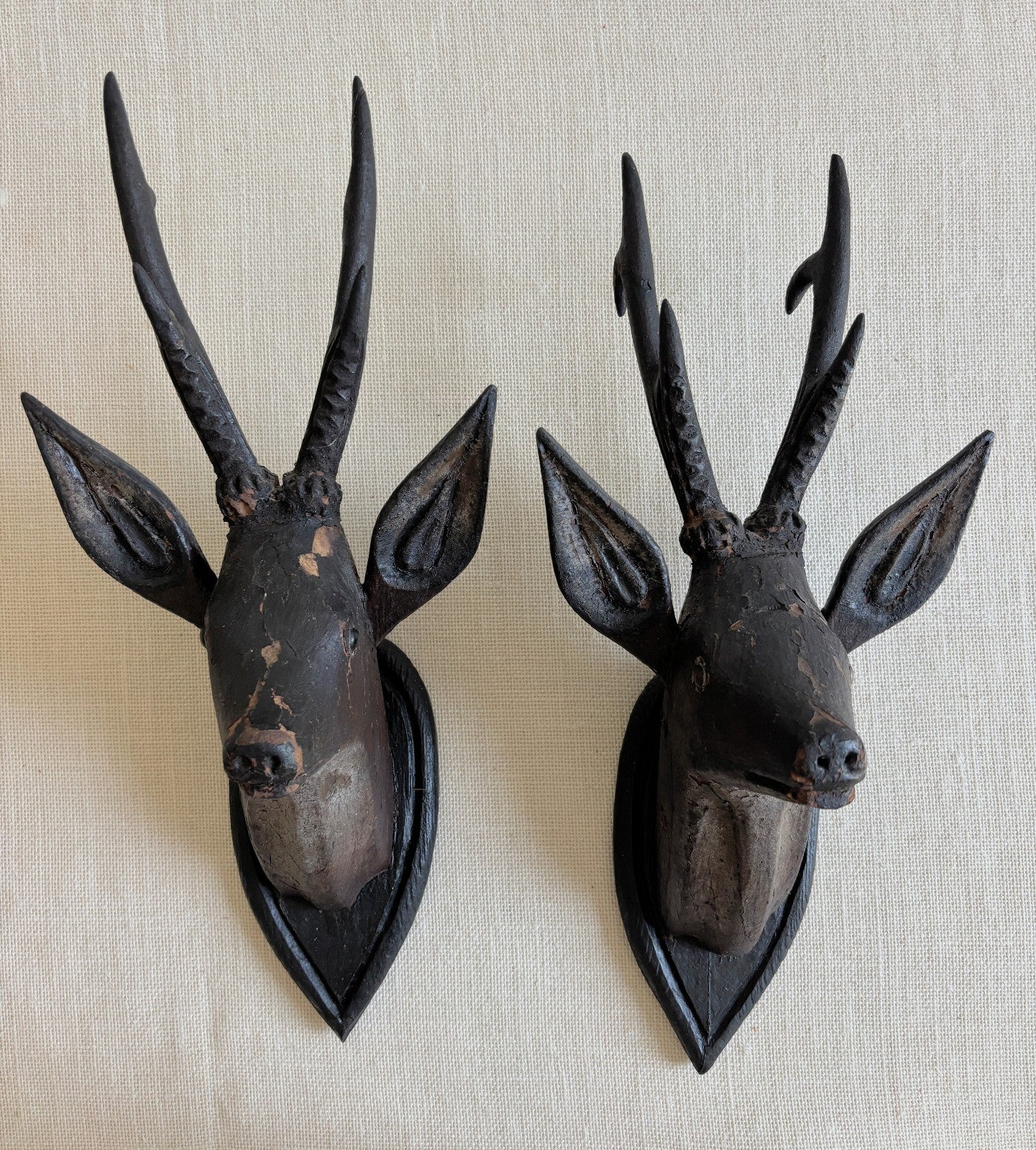 Antique Hand Carved Wood Mounted Roe Deer Head Pair