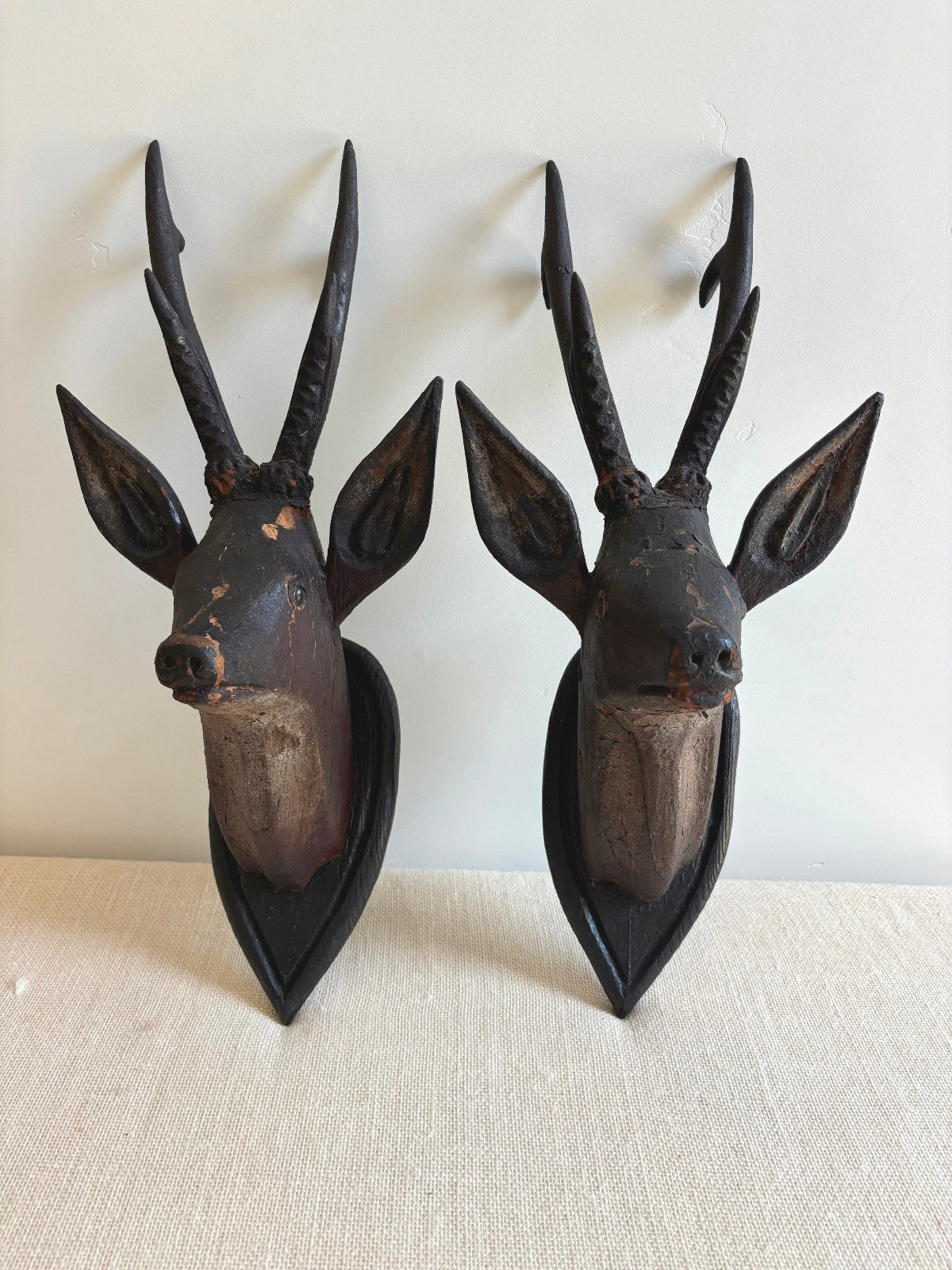 Antique Hand Carved Wood Mounted Roe Deer Head Pair