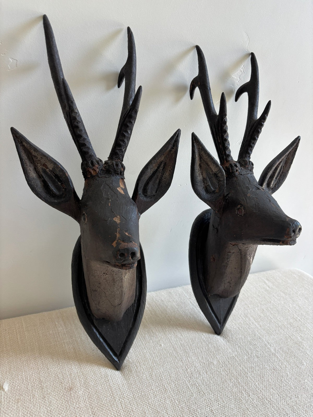 Antique Hand Carved Wood Mounted Roe Deer Head Pair