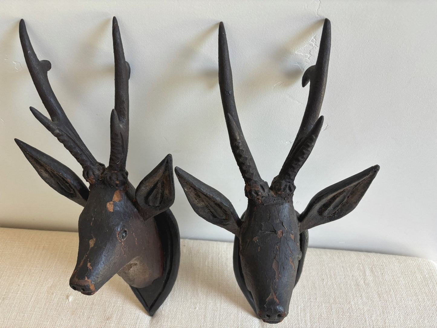 Antique Hand Carved Wood Mounted Roe Deer Head Pair