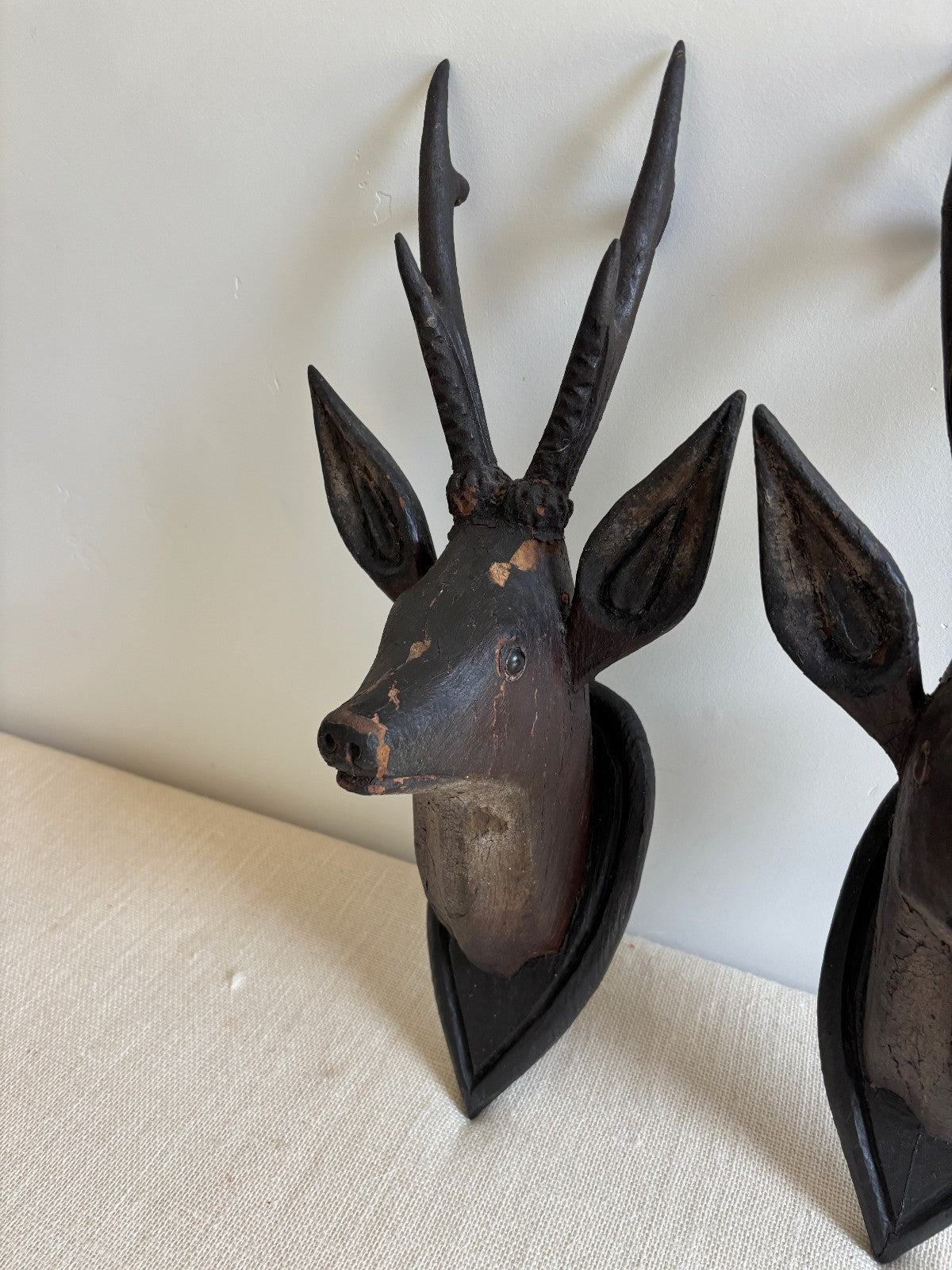 Antique Hand Carved Wood Mounted Roe Deer Head Pair