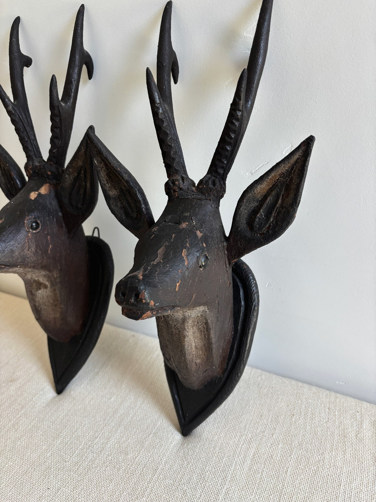 Antique Hand Carved Wood Mounted Roe Deer Head Pair