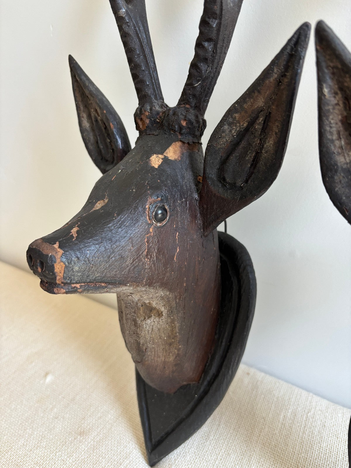 Antique Hand Carved Wood Mounted Roe Deer Head Pair
