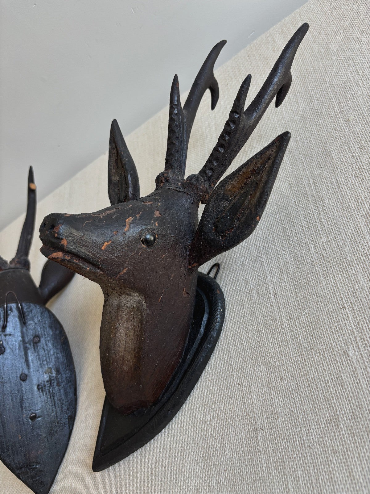 Antique Hand Carved Wood Mounted Roe Deer Head Pair