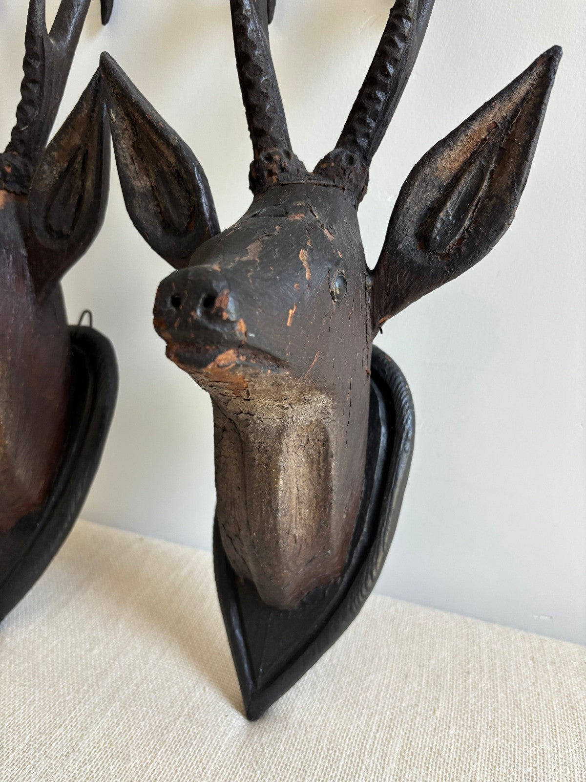 Antique Hand Carved Wood Mounted Roe Deer Head Pair