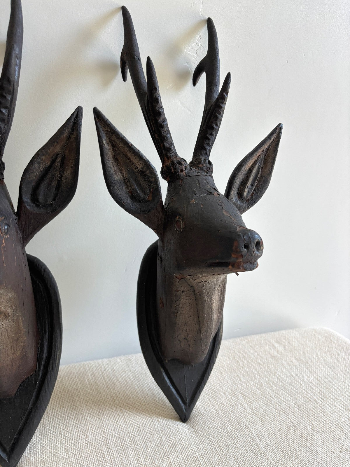 Antique Hand Carved Wood Mounted Roe Deer Head Pair