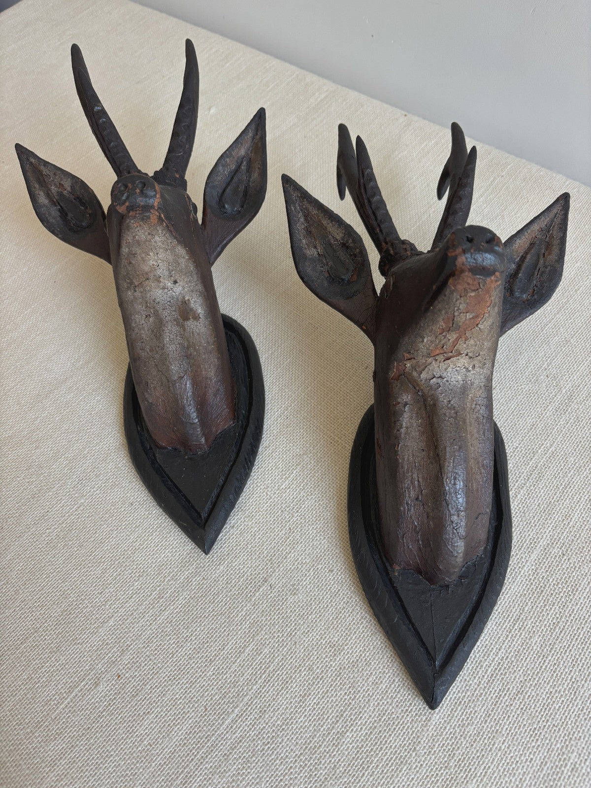 Antique Hand Carved Wood Mounted Roe Deer Head Pair
