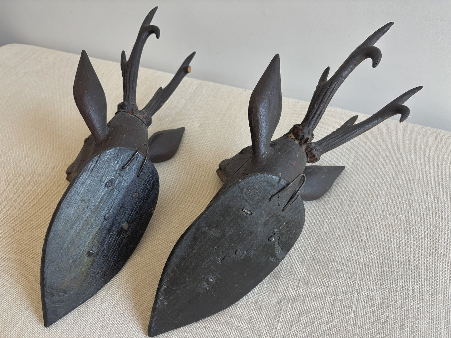 Antique Hand Carved Wood Mounted Roe Deer Head Pair