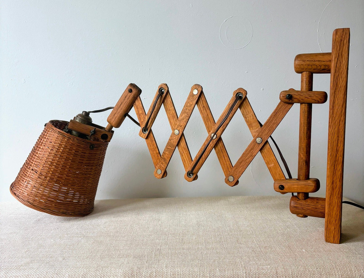 Danish Style Wood Scissor Lamp w/ Wicker Shade