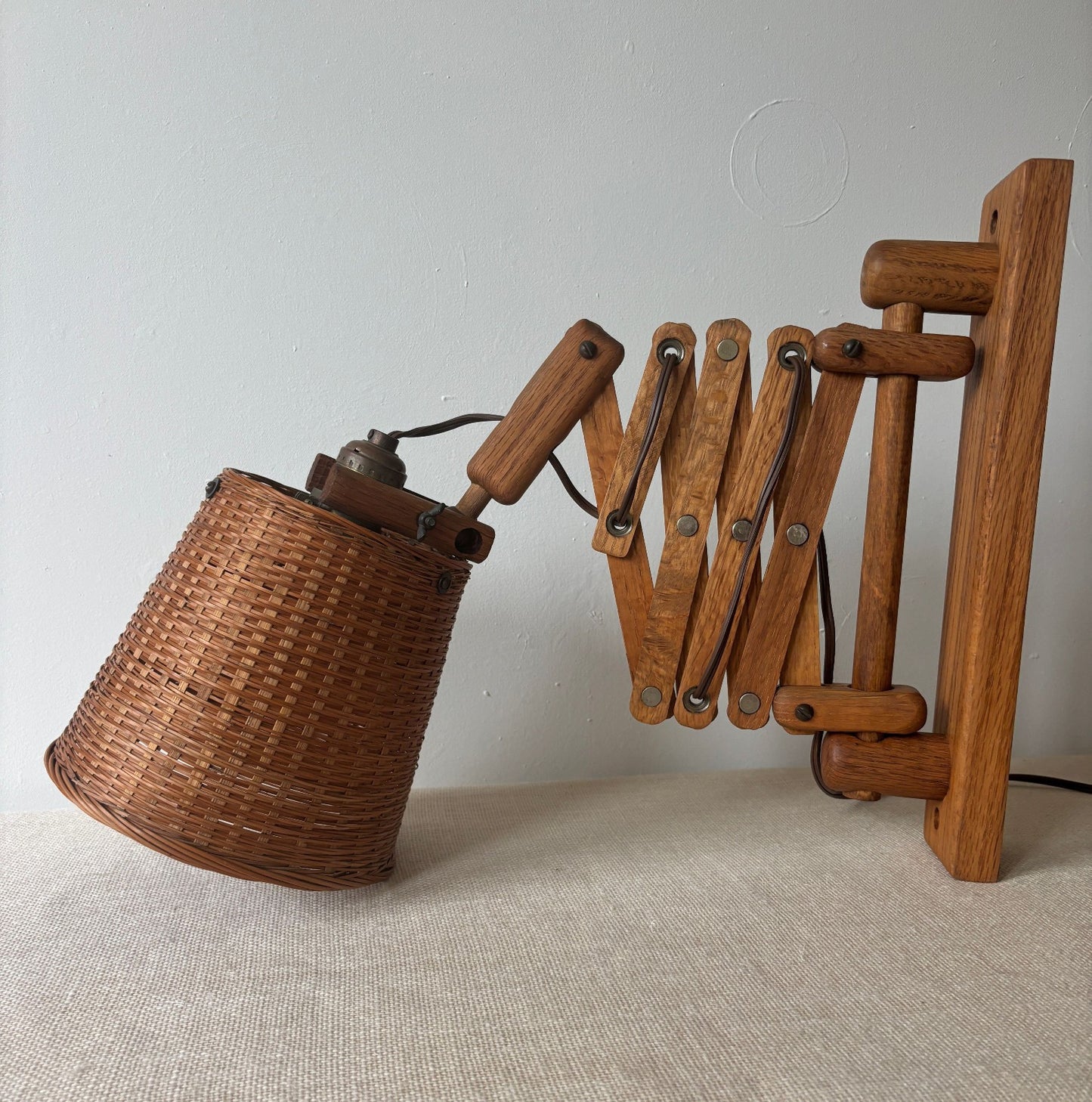 Danish Style Wood Scissor Lamp w/ Wicker Shade