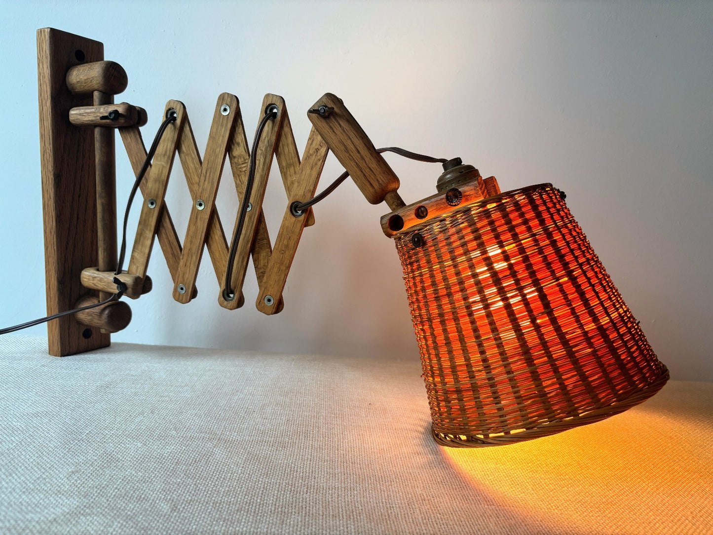 Danish Style Wood Scissor Lamp w/ Wicker Shade