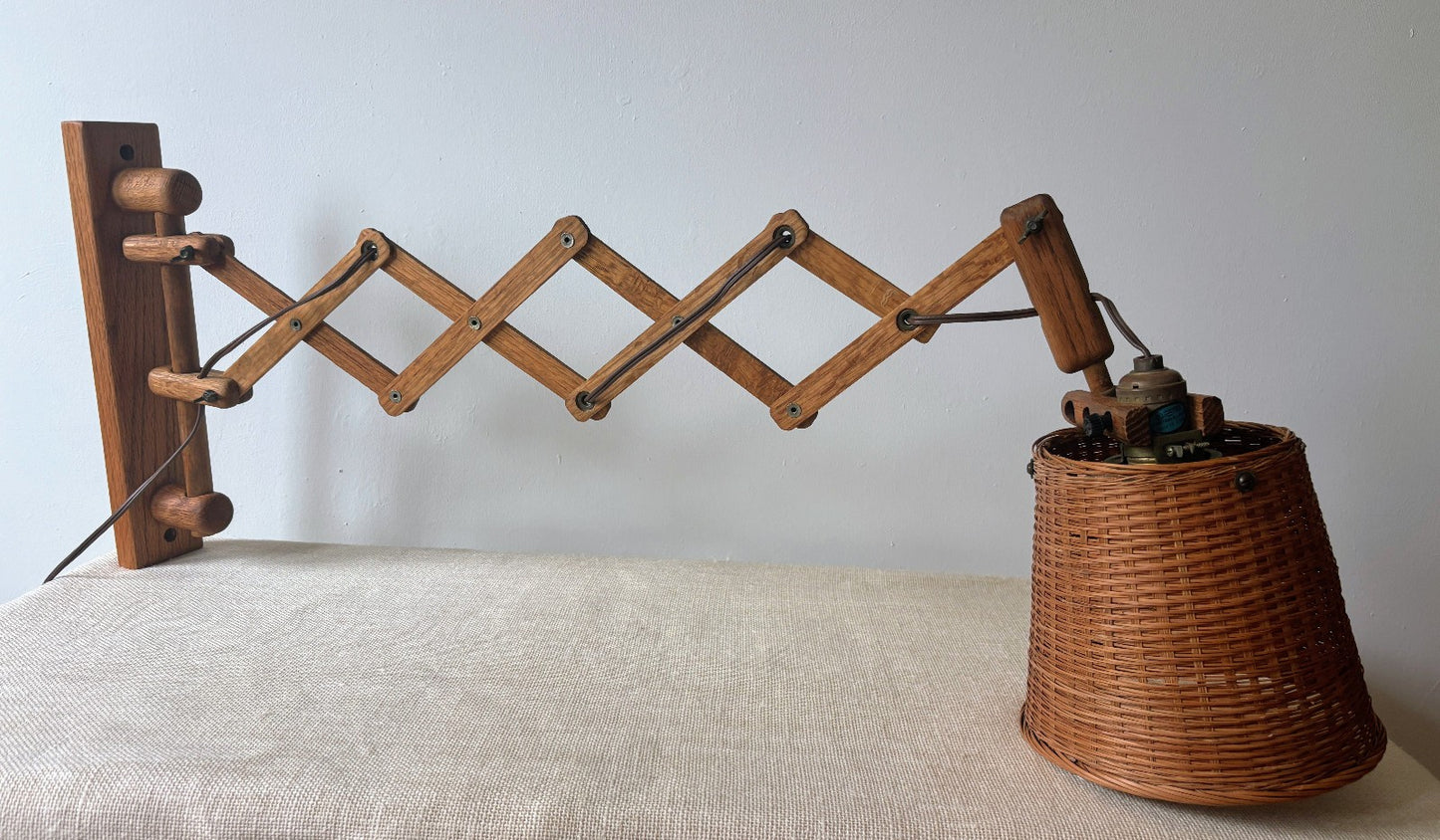 Danish Style Wood Scissor Lamp w/ Wicker Shade