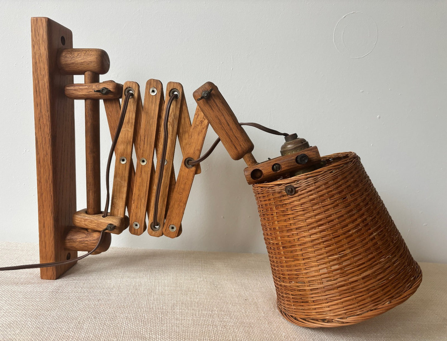 Danish Style Wood Scissor Lamp w/ Wicker Shade