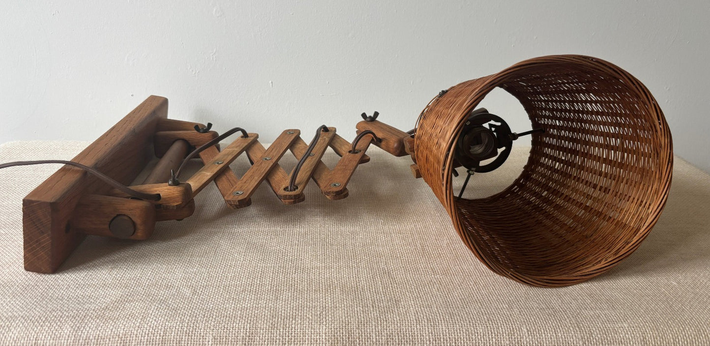 Danish Style Wood Scissor Lamp w/ Wicker Shade