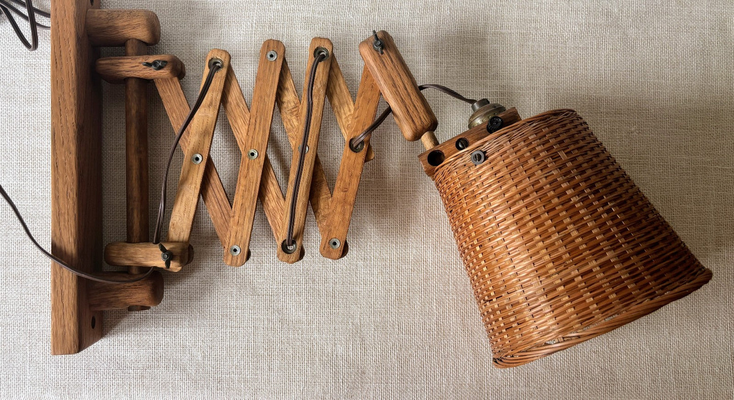 Danish Style Wood Scissor Lamp w/ Wicker Shade
