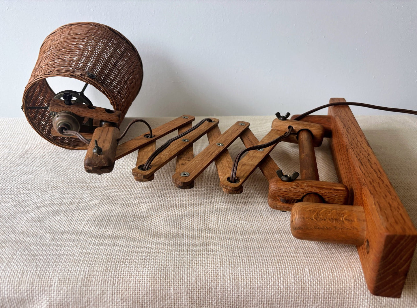 Danish Style Wood Scissor Lamp w/ Wicker Shade