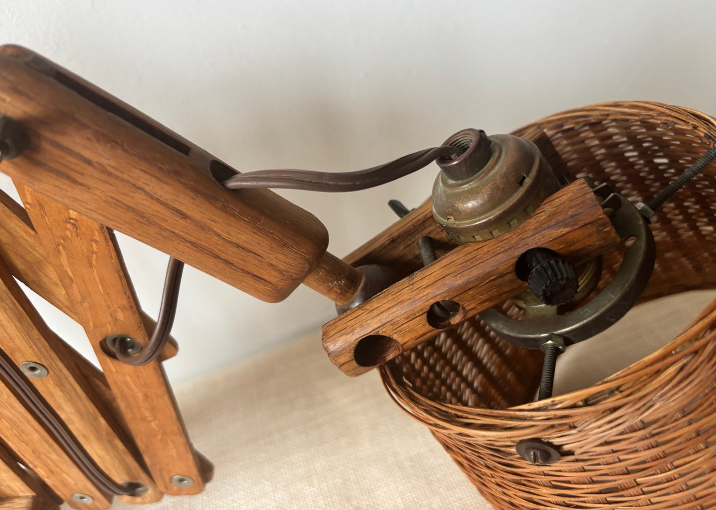 Danish Style Wood Scissor Lamp w/ Wicker Shade