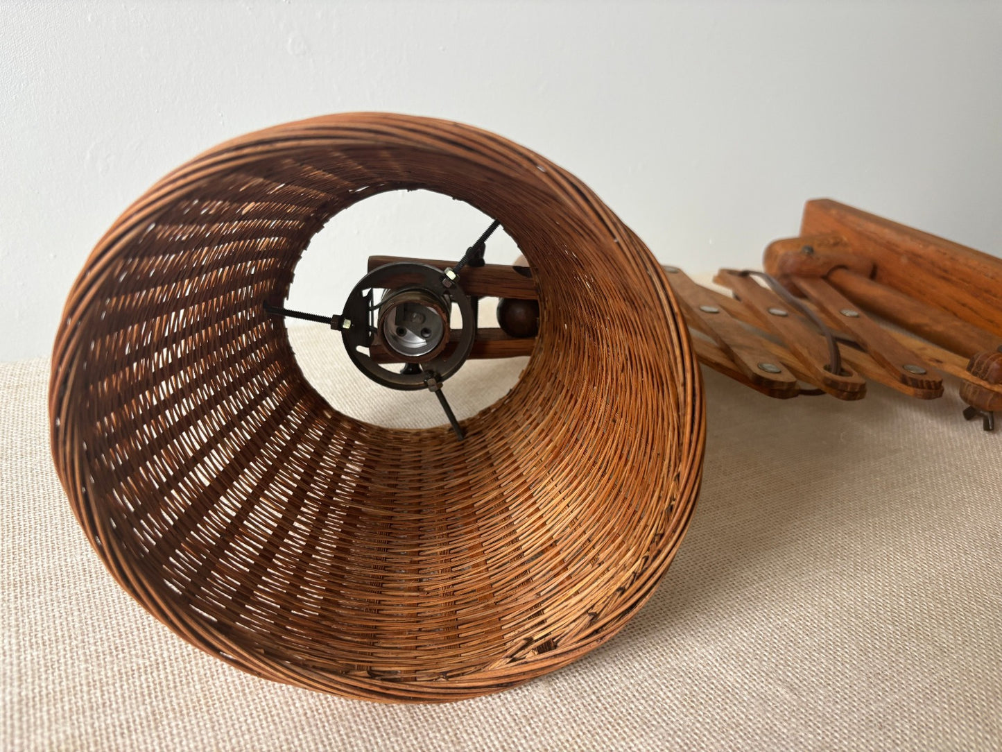 Danish Style Wood Scissor Lamp w/ Wicker Shade