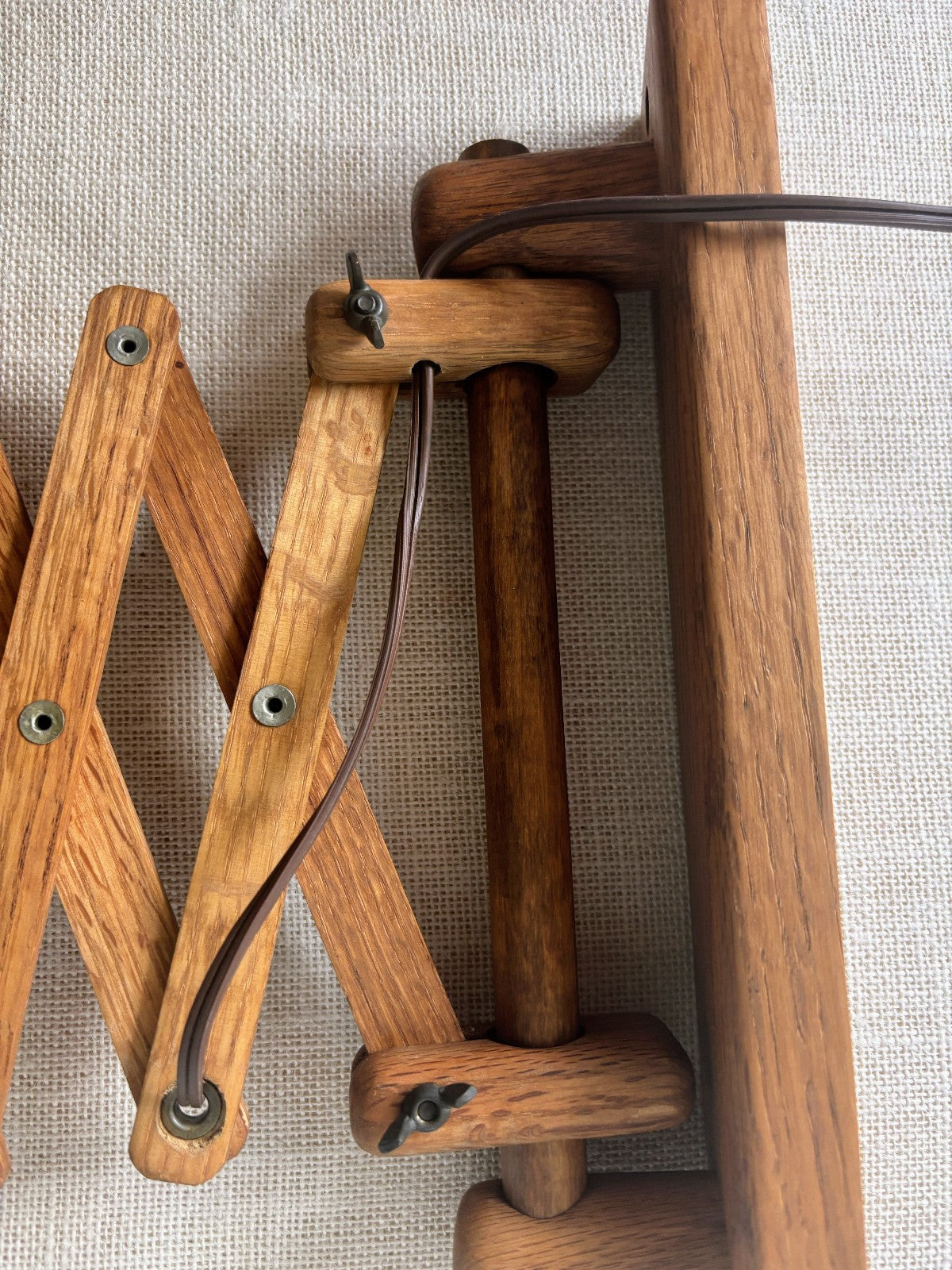 Danish Style Wood Scissor Lamp w/ Wicker Shade