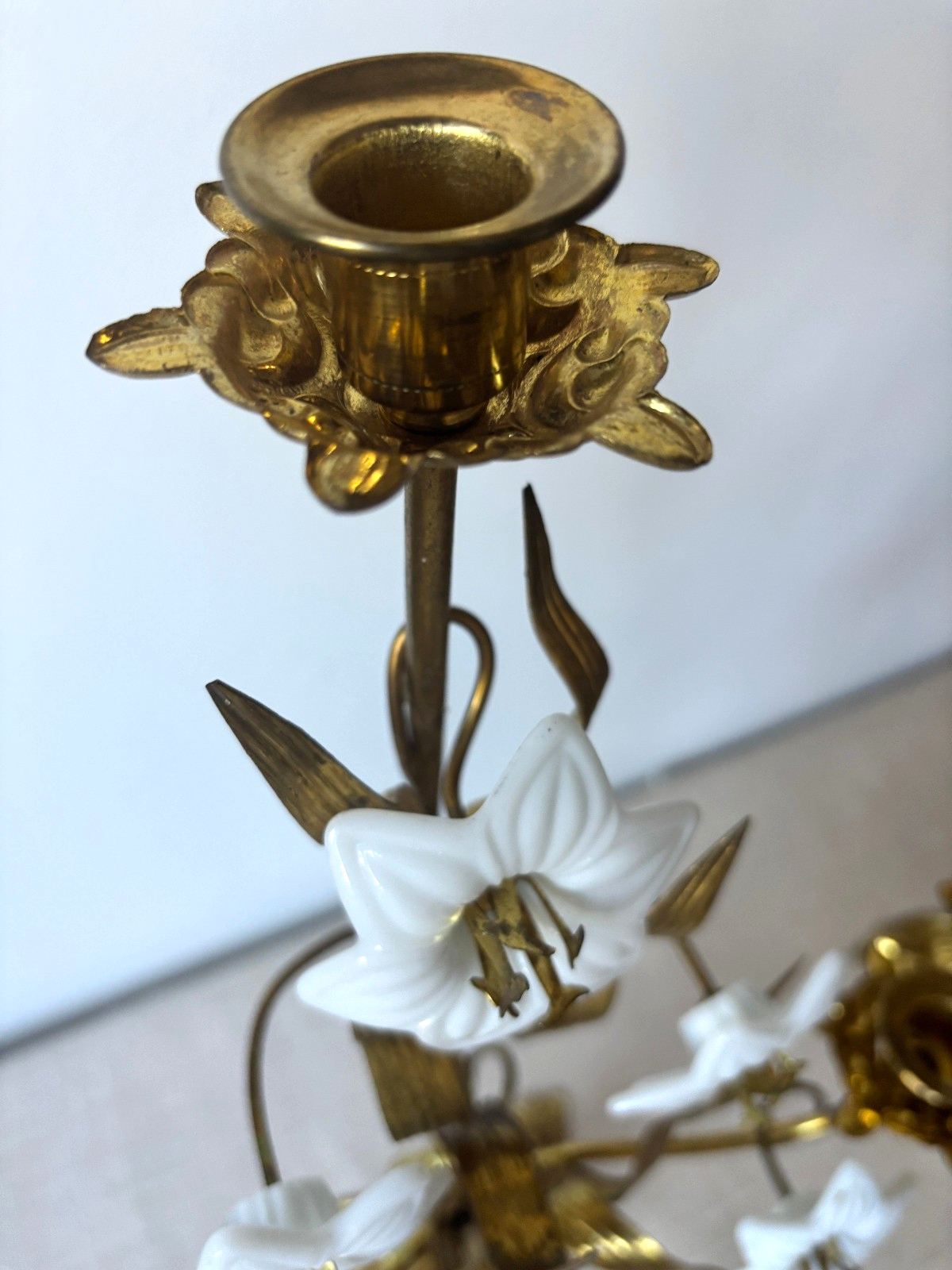 Antique 19th Century French Gilt Brass & Opaline Glass Flower Candelabras