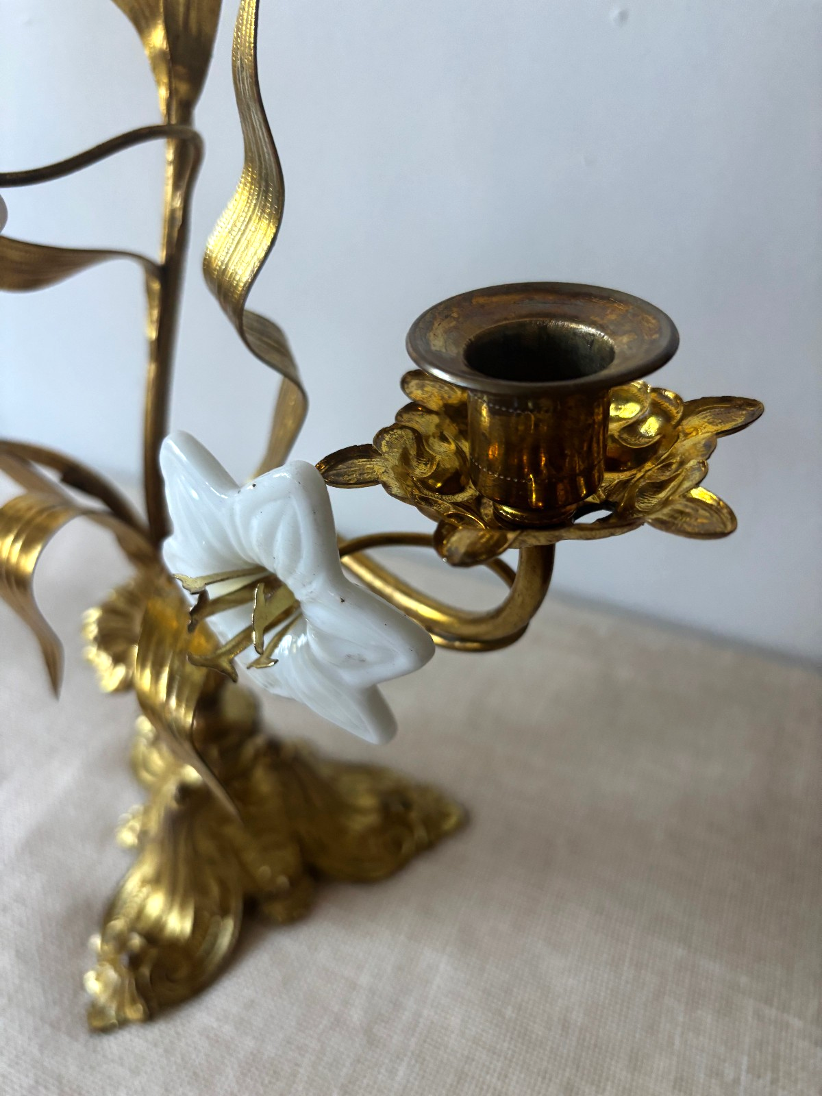 Antique 19th Century French Gilt Brass & Opaline Glass Flower Candelabras