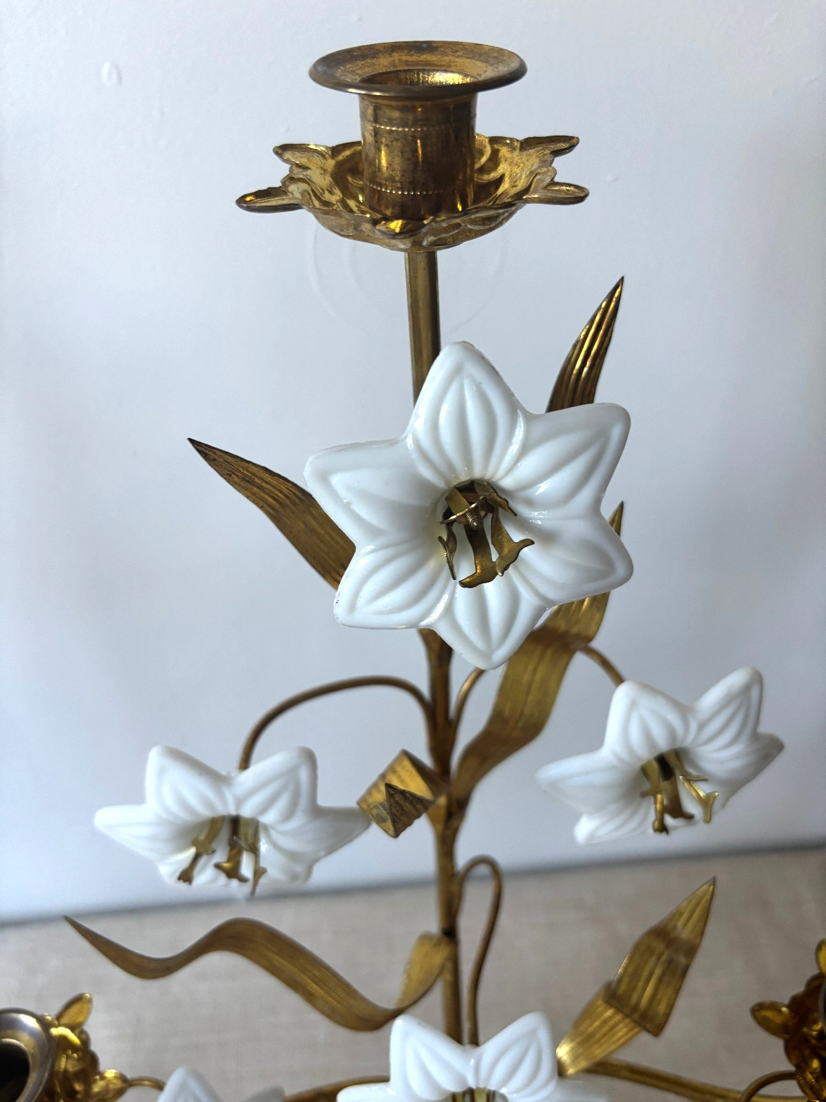 Antique 19th Century French Gilt Brass & Opaline Glass Flower Candelabras