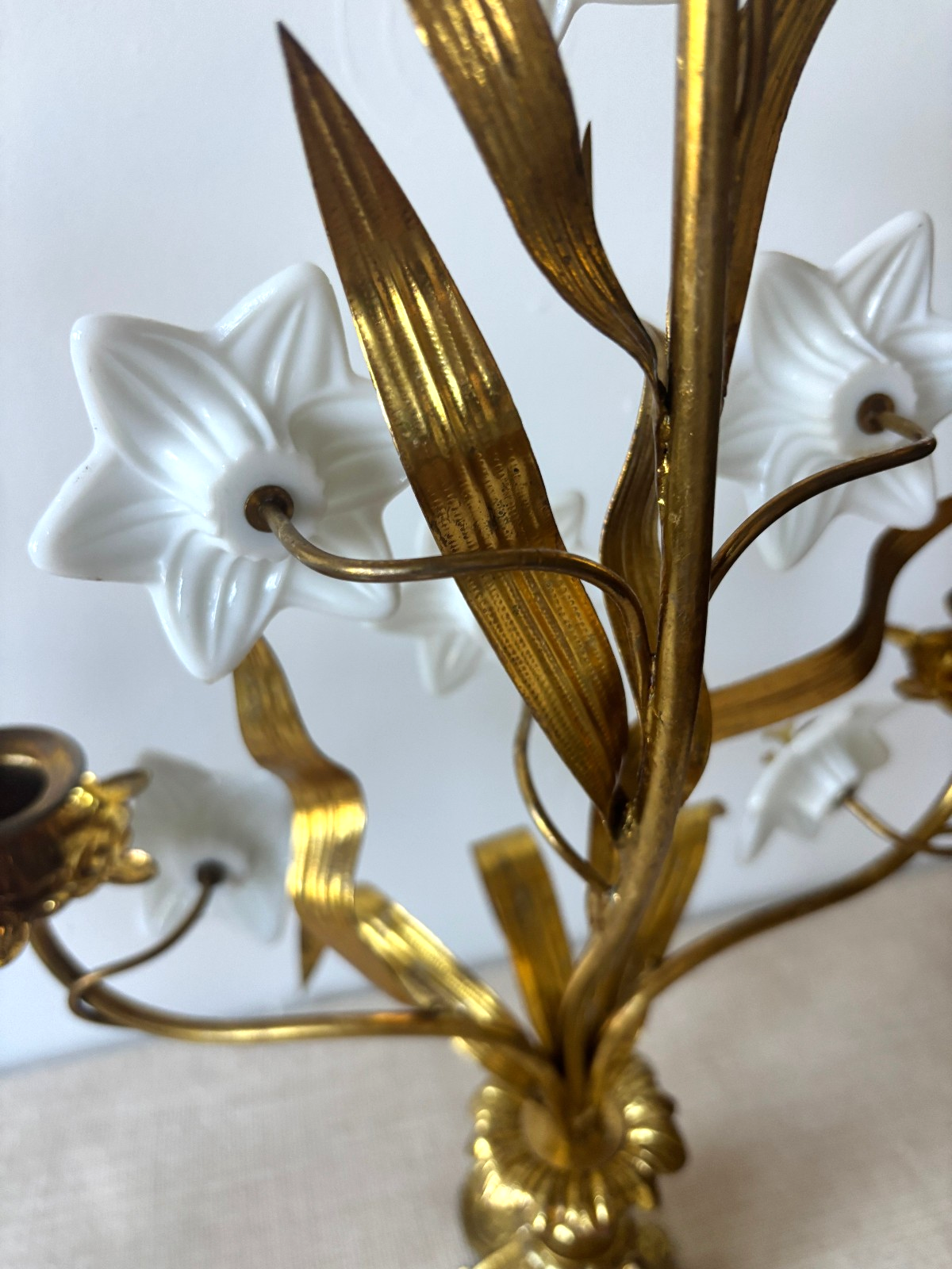Antique 19th Century French Gilt Brass & Opaline Glass Flower Candelabras
