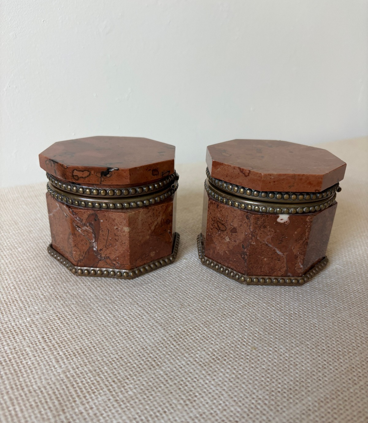 Antique 19th Century Red Marble Bronze Boxes / Inkwells
