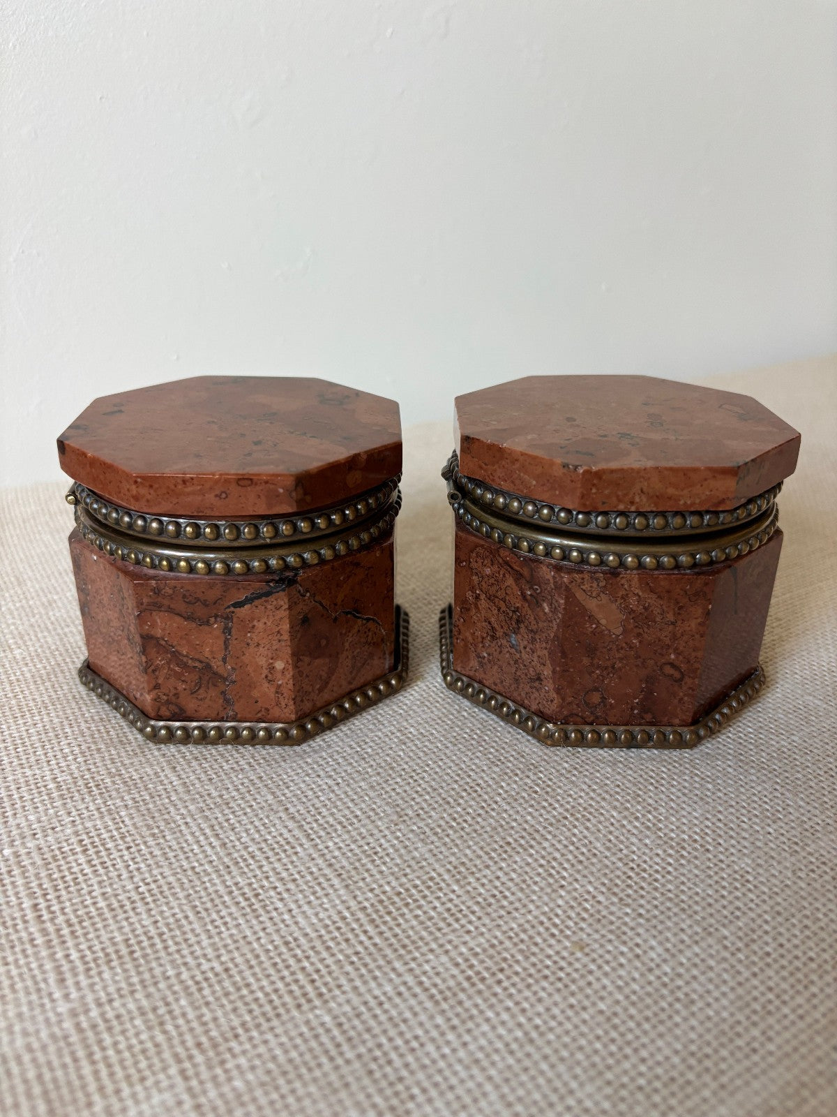 Antique 19th Century Red Marble Bronze Boxes / Inkwells