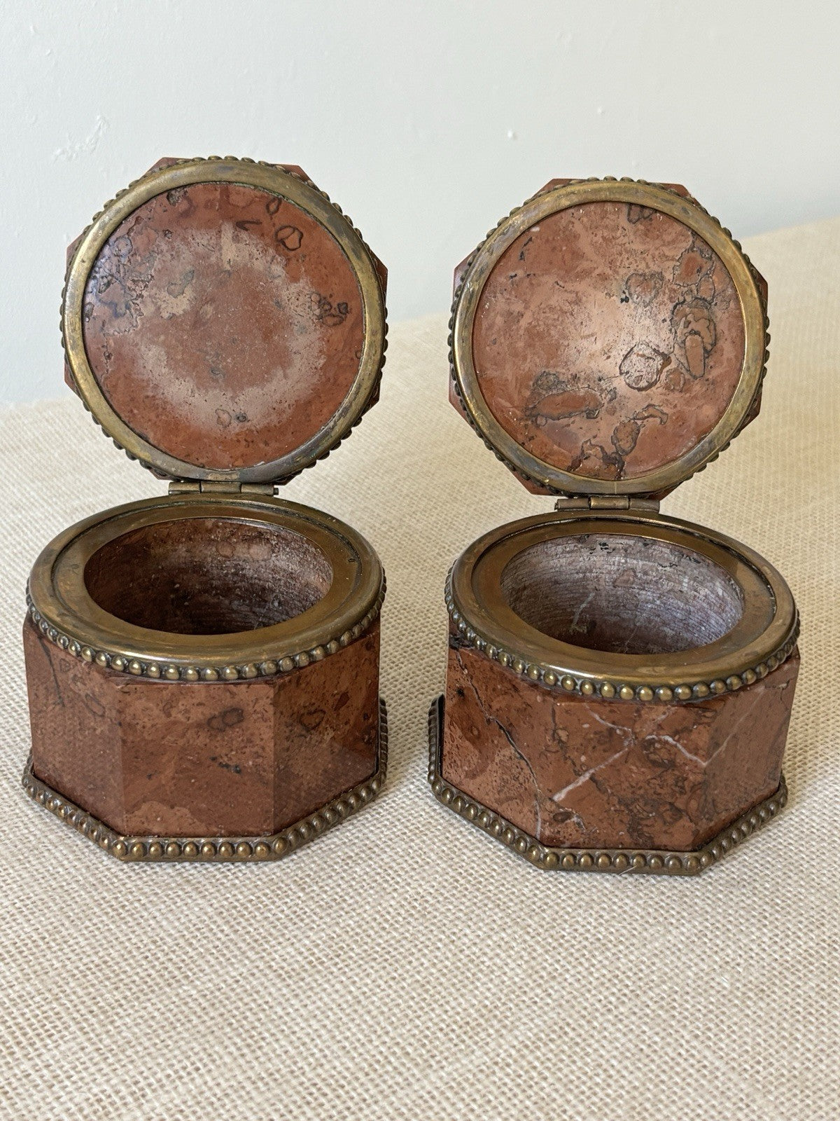 Antique 19th Century Red Marble Bronze Boxes / Inkwells